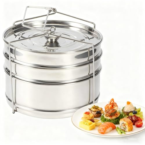 3-Tier Stackable Steamer Insert Pans - 304 Stainless Steel Steam Pot with Lid for Healthy Cooking, Baking, Casseroles, Lasagna, Vegetables, Dumplings