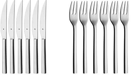 WMF Nuova Steakmesser Set 6-teilig 23 cm, Pizzabesteck, Cromargan Edelstahl poliert & Nuova Kuchengabel Set 6-teilig 16 cm, Cromargan Edelstahl poliert, glänzend, spülmaschinengeeignet