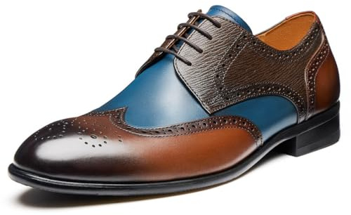 Jepsen Gord Men's Dress Shoes Wingtip Genuine Cowhide Leather Oxfords with Brogue Formal Derby Shoes for Wedding, Business, Casual, Brown Blue, 10
