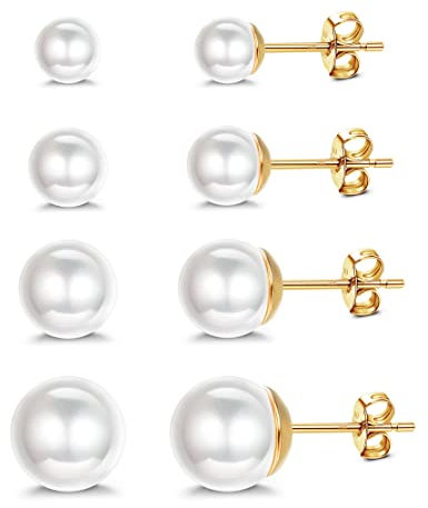 ORAZIO 4 Paar Perlen Ohrstecker Silber 925 Runde Kugelperlen Gemischte Größen 5-10 mm Ohrstecker Hypoallergen Süßwasserperlen Ohrringe Set für Mädchen Frauen