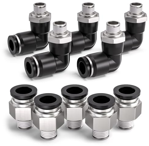 Bwintech 10 piezas de tubo de 6 mm a rosca macho BSP de 3/8 recto y codo de 90 grados Push in Connect Racor neumático,PL6-03/PC6-03 Adaptador rápido para línea de aire