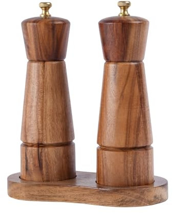 DeroTeno Salt and Pepper Mill Set with Tray, Adjustable Ceramic Grinder Salt Mill, Stainless Steel Grinder Pepper Mill, Acacia Wood, 16.5 cm Height, Bottom Dia 5 cm (Tray is Included)