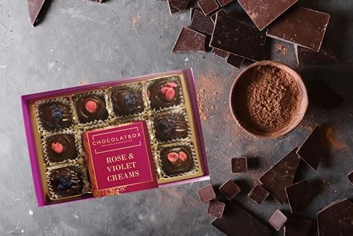 Handmade Dark Belgian Chocolate Rose And Violet Creams Soft Fondant Filling 160g 12 Per Box – Soft Fondant Filling, Natural Flower Oils, 160g, Luxury Artisan Gift