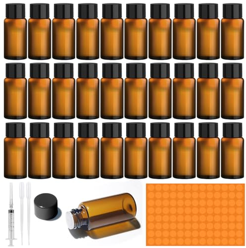 Amentalove 30 st 5 ml flaskor med eteriska oljor i minibärnstensglas, provflaskor med eteriska oljor, små bärnstensglasflaskor med sprutdroppare, flaskor tom glasflaska för parfym aromaterapi