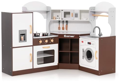 COSTWAY Cucina Giocattolo in Legno per Bambini, Set Cucina Giocattolo con Macchina di Ghiaccio, Microonde, Forno, Lavello, Lavatrice e Accessori, Effetti Sonori e Luminosi per Bambini 3 Anni+