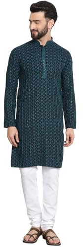Sojanya (Since 1958 Men'S Cotton Gold Embroidered Sequinned Teal Kurta With White Churidar Pyjama