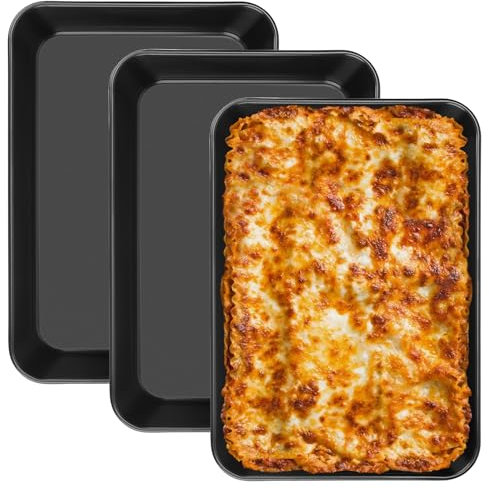 HEIYUET Set di 3 teglie da forno antiaderenti, 34 x 24 x 5 cm, teglie da forno rettangolari in acciaio al carbonio, per brownies, lasagne, casseruola, lavabile in lavastoviglie