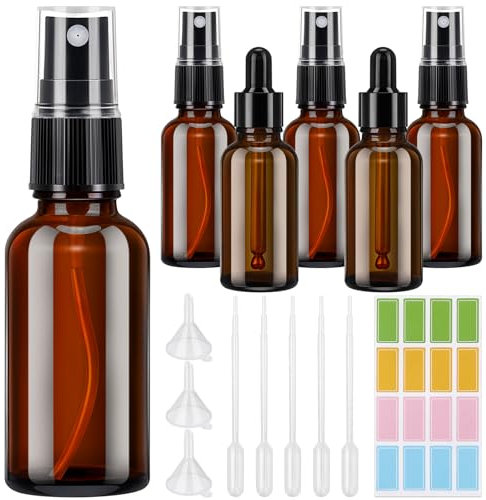 Flaconi Spray, 6 Pezzi 30ml Flacone Spray Vuoto in Vetro Ambrato Riutilizzabili, Bottiglie Spray Ambrato per Olio Essenziale, Profumi, Aromaterapia e Cosmetici da Viaggio
