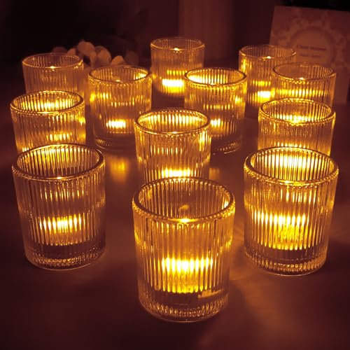 LYLIDIA 12 Stück Teelichtgläser Teelichthalter Glas 6.5x5.5 cm Transparent Gläser Kerzen Teelicht Inhaber Tischdeko Kernstück für Hochzeiten, Partys, Weihnachten, Badewannen Dekor