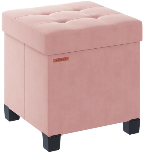 ABHENG Cube Storage Ottoman, Velvet Foot Stool with Feet, Folding Storage Bench, End of Bed Bench, Storage Chest, for Living Room, Bedroom and Office, 38 x 38 x 40 cm, Jelly Pink, ASND22P