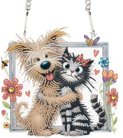 DCIDBEI Ghirlanda Pittura a Diamante 5D con Catena Cane Gatto 15x15cm Cartelli Diamond Painting Ornamenti Puzzle con Perline Ciondolo Targa per Porta d'ingresso Targa da Parete Pittura Diamante Corona