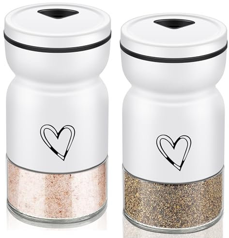 Stainless Steel Salt and Pepper Shakers Set,Cute Salt Shaker Clear Bottom Bottle Container with Adjustable Pour Holes, Refillable Perfect for Kitchen Gadgets Cooking Table, Camp,BBQ (White+White)