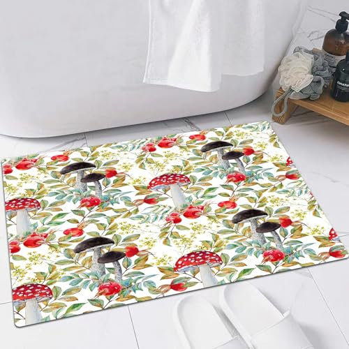 EMFSLA rutschfest Badezimmer Badeteppiche,Weich Hochflor Saugfähig Badvorleger Waschbar Flauschige Mikrofaser Badematte,Aquarell handgezeichnete Heckenrose und Pilze Herbstblätter Beeren AMA,60x90 cm