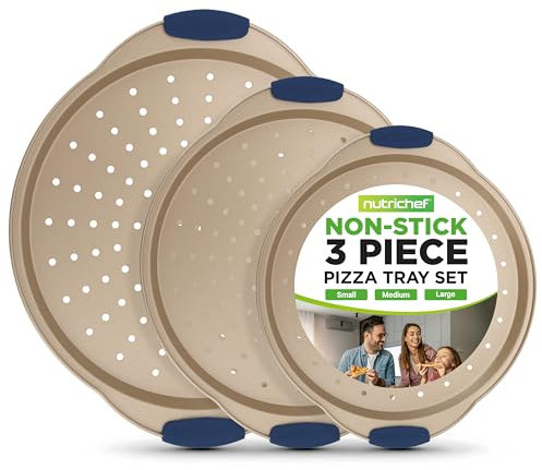 Nutrichef Set 3 Teglie da Forno per Pizza con Manici in Silicone, Teglie Forno Antiaderenti e con Fori Perforati, Acciaio al Carbonio, Formati Piccolo, Medio e Grande, Oro