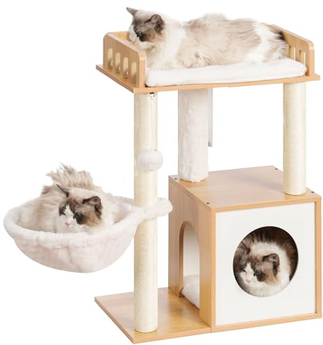 Heybly kratzbaum, Kratzsäule Holz Mit 30 x 50 cm Plattform, Kratzstamm Mit Katzenkorb Und 2 Sisalkratzpfosten, Stabil Und Haustierfreundlich Für Kleine Und Mittelgroße Katzen, Walnussfarbe HCT007SWB