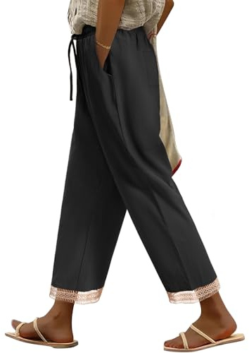 PASUDA Pantaloni Donna Estivi Casual Cotone Pantalone Leggeri Larghi con Coulisse Elastico Pantaloni Vita Alta Gamba Dritta Pantaloni con Tasche (Nero, S)