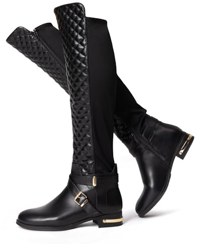 JustFab Knee High Boots Womens Square Toe Chunky Heel Tall Boots for Women Low Heel Side Zipper Long Boots(Black,7.5)
