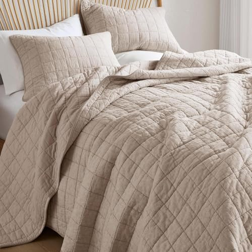 Hyde Lane Linen Quilt Set Queen Size - Breathable Box Stitched European Flax Bedding Set for Bedspread and Coverlet, with 2 Pillow Shams, 90x96, Linen