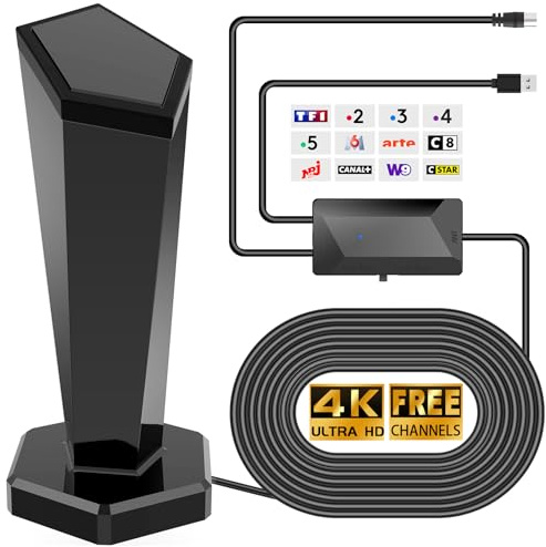 Antenne TV Intérieure Puissante TNT - Amplificateur de Signal à Gain Élevé, Réception 360° Longue Portée 500km, Compatible Smart TV 1080P 4K DVB-T/DVB-T2