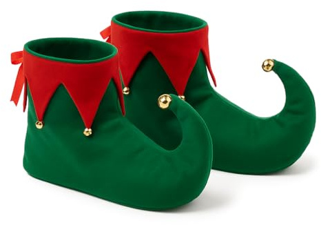 GA COMMUNICATIONS Adult Elf Shoes Christmas Costume Accessory – Deluxe Red & Green Fancy Dress Boot Covers with Curled Toes & Jingle Bells – Unisex One Size Fits Most for Santa’s Helper Party