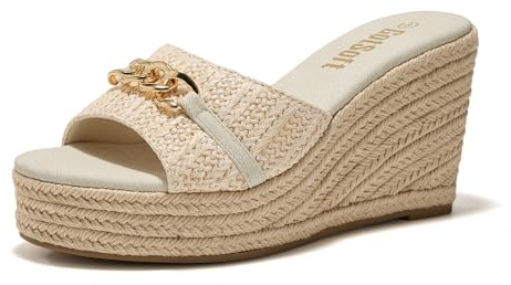 GotSoft Women's Open Toe Wedge Espadrilles Sandals Chain Slip On Slides Platform Sandal Summer Shoes, Beige, size 7