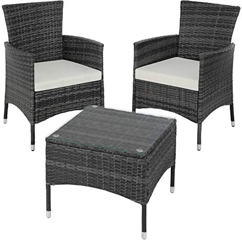 tectake® Conjunto Jardín Exterior de Ratán y Acero para 2 Personas, Muebles Jardín Exterior Resistentes a Intemperie, 2 Sillones y 1 Mesa Cristal, Fácil Montaje y Limpieza, Incl. 4 Fundas - Gris