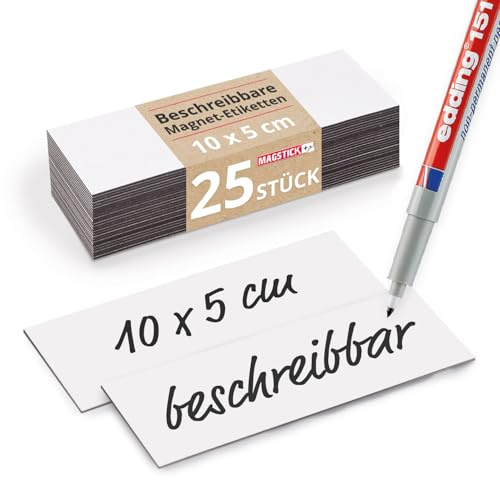 Magstick 25 beschreibbare Magnet-Etiketten I 10 x 5 cm weiß I magnetische Beschriftungsfolie beschreibbar Magnet-Streifen zum Beschriften I mag068