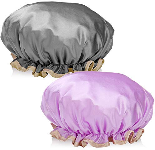 H&S 2-Pack Waterproof Shower Caps for Women, Girls & Men – Reusable Bath Hats for Long Hair – Purple & Black for Adults - Shower Cap - Bath Accessories for Women