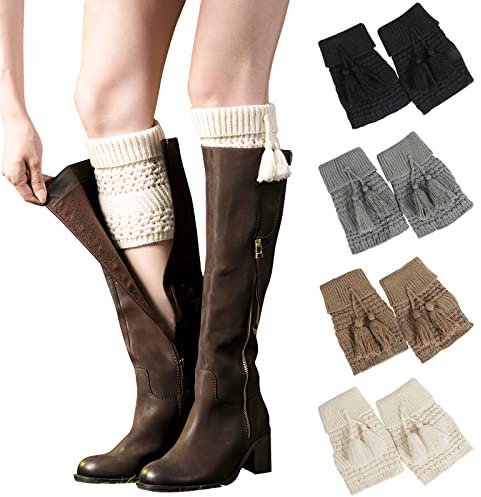 XEPST 4 Paar Winter Stulpen Damen Gestrickte Beinwärmer, Stricken Häkelarbeit Kurze Leg Warmers Mädchen Stiefel Boot Abdeckung für Winterwärmer - Schwarz, Elfenbeinweiß, Grau, Braun - Einheitsgröße