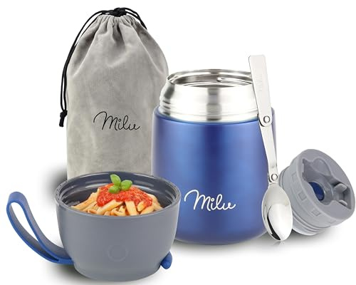 Milu® Termos 450/650 ml, av rostfritt stål, matbehållare/matkärl för barnmat, behållare för att hålla maten varm, termisk matlåda, müsli to go, marinblå, 450 ml