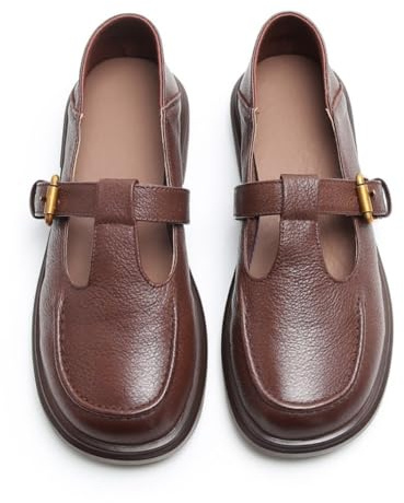 MARY JANE - Chaussures classiques pour femme avec sangle en T - Cuir souple - Uniforme - Robe, marron, 36 EU