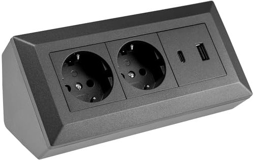 ChiliTec Bloc multiprise d'angle 2 prises USB-A USB-C PD multiprise pour cuisine, bureau, atelier, anthracite