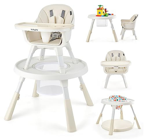 COSTWAY Trona para Bebe 6 en 1, Trona con Altura Regulable con Bandeja de 2 Niveles y Cesta, Centro Actividad para Niños Set Mesa y Silla con Bloques para Niños y Bebés de 4 a 72 Meses (Beige)