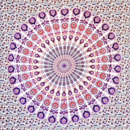 MOMOMUS Tapiz Mandala Multiuso - Arte Mural - Tapiz de Pared Grande, Tapiz Decorativo de Pared y Manta de Yoga para Meditación - Blanco-Lila, 210 x 230 cm