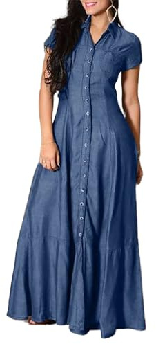 RICOCHO Abito Lungo in Jeans con Bottoni Abito Lungo in Denim Lungo con Volant da Donna Abito a Camicia Casual Estivo