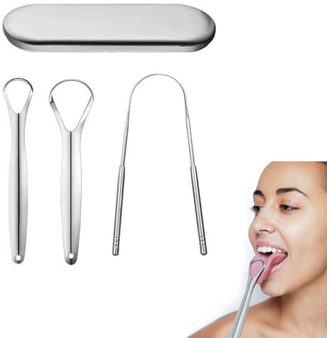 Raschietto Lingua in Acciaio Inox Medico - 3 Pezzi con Custodia Igienica, Elimina Alito Cattivo e Patina (Per Adulti, Bambini e Viaggi)