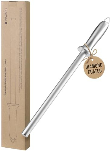 Navaris Diamond Knife Sharpener Steel - Chef Knife Sharpeners with Ergonomic Silver Handle - Honing Rod for Chef's Knives, Paring Knives, Carving Knives, Japanese Kitchen Knives