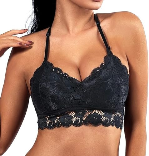 XFSRG Sujetador para mujer sin espalda sexy con escote en V de encaje sin aros push up sujetador sin costuras con tirantes ajustables clásico básico Bra, Negro , L