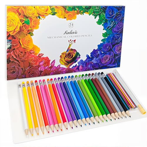 FUNLAVIE 24 Mechanical Colored Pencils with 24 Lead Refills, 48 Pcs Total, 2.6mm Oil-Based Soft Core Drawing Pencils for Adult Coloring Books, Vivid Brilliant Color for Art & Sketching, with Sharpener