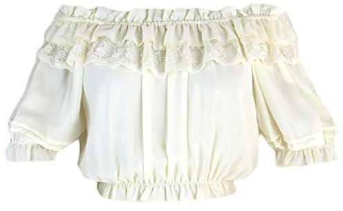 YCHUCH Top corto da donna in chiffon vittoriano Lolita estivo a mezza manica con volant in pizzo con spalle scoperte camicetta vintage in chiffon crop top camicetta, Beige, Taglia unica