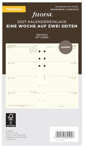 Filofax Inserto per calendario personale, 1 settimana su 2 pagine, cotone crema, tedesco 2027