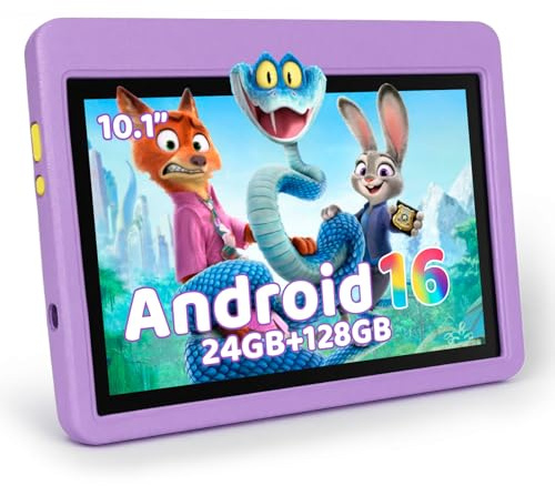 TT.KIDS Tablet para Niños 10 Pulgadas, Tablet Infantil Android 16 Cinco Núcleos, 24GB RAM 128GB ROM, Pantalla IPS HD 1280×800, Batería 6000mAh, Control Parental, WiFi 6 Bluetooth (Morado)
