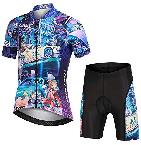 YFPICO Maillot Vélo Manches Courtes et Cuissard Cycliste VTT 3D Coussin Rembourré Tenue Cyclisme Confort Enfant Garçon Fille, Bleu, 11-12 Ans/XL