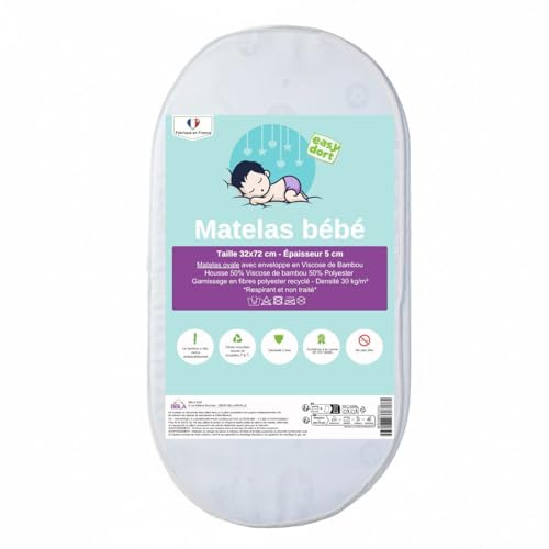 Easy Dort - Matelas couffin bébé Ovale 32x72 cm - Berceau, nacelle, Landau ou lit bébé | Fabriqué en France | Oeko tex® | Très Confortable | Été & Hiver | 32 x 72 cm Double Face | Blanc