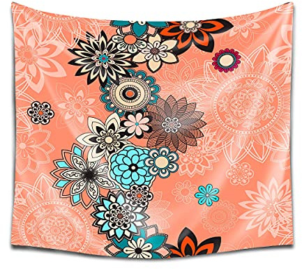 DekoArte TP35 - Tapiz Moderno De Pared Impresión Artística Digitalizada | Tela poliéster 100% decoración para Tu Salón o Dormitorio | Estilo Mandala Flores Fondo Coral | 150 x 130 cm
