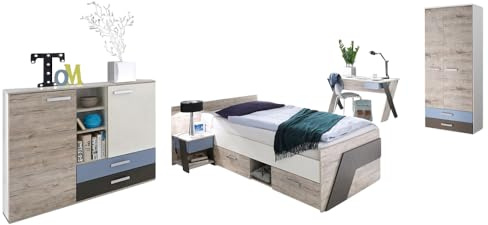 Lomadox Jugendzimmer Kinderzimmer Komplett Set, Sandeiche weiß Lava blau, 90 x 200 cm Jugendbett, Kleiderschrank, Nachttisch, Kommode, Schreibtisch