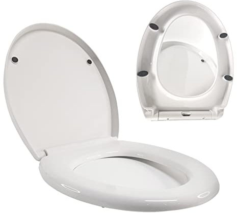 WC Sitz mit Absenkautomatik, Toilettensitz mit Abnehmbar, Premium Klodeckel O-Form aus Duroplast mit verstellbaren Scharnieren, Quick Release Funktion für leichte Reinigung, Weiß WC Brille O Form