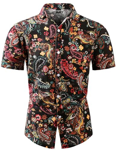 COSAVOROCK Herr 70-tal Hippie Skjorta Hippy Ful Casual Hawaiian Skjortor Paisley Svart SS XXL