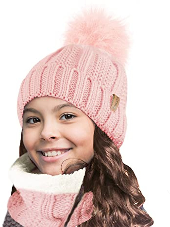 TOSKATOK Niños Niñas Invierno Rib Seed Stitch Térmico Cálido Acogedor Forro Polar Calentador De Cuello Snood Bufanda Con Conjunto De Gorro