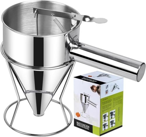 Dispenser per pastella per pancake in acciaio inox con supporto, dispenser per torte a imbuto con supporto, strumento di cottura per cupcake, cialde, muffin, crepes, torta